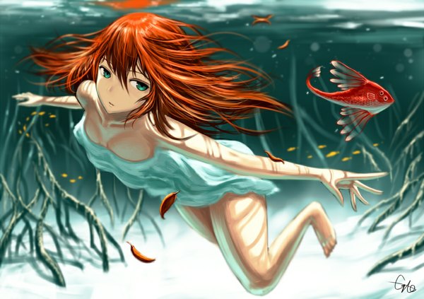 Anime picture 1000x706 with original gia long hair fringe light erotic bare shoulders green eyes signed looking away cleavage bent knee (knees) orange hair bare legs shadow no shoes spread arms underwater swimming dress animal
