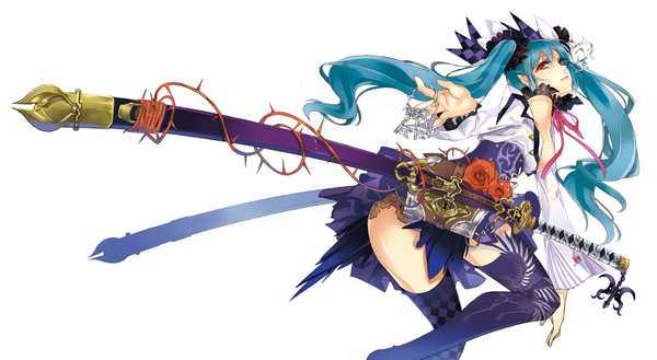 Anime picture 1000x549 with touhou himekaidou hatate tsurukame single long hair light erotic simple background red eyes wide image white background twintails blue hair alternate hair color girl thighhighs dress weapon sword katana key