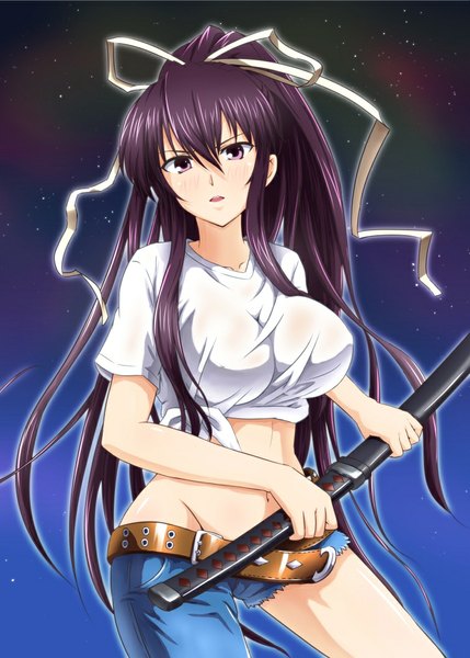 Anime picture 755x1056 with to aru majutsu no index j.c. staff kanzaki kaori diesel-turbo single long hair tall image looking at viewer blush light erotic purple eyes purple hair ponytail night night sky girl ribbon (ribbons) weapon hair ribbon sword