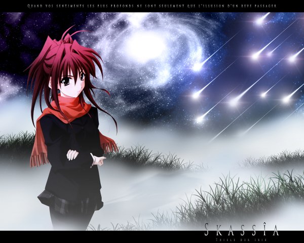 Anime picture 1280x1024 with memories off fujiwara miyabi koshimizu takayuki single looking at viewer fringe short hair hair between eyes standing red hair pleated skirt pink eyes night wallpaper night sky copyright name crossed arms third-party edit fog shooting star