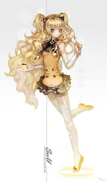 Anime picture 1045x1772 with vocaloid seeu memipong single tall image blue eyes blonde hair smile bare shoulders animal ears girl thighhighs dress bow detached sleeves white thighhighs sweets cake spoon