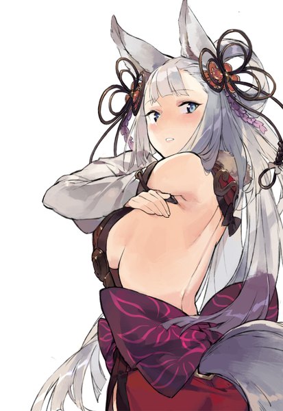 Anime picture 1000x1453 with granblue fantasy socie (granblue fantasy) duoyuanjun single long hair tall image looking at viewer blush fringe breasts light erotic simple background white background bare shoulders animal ears silver hair tail long sleeves parted lips animal tail