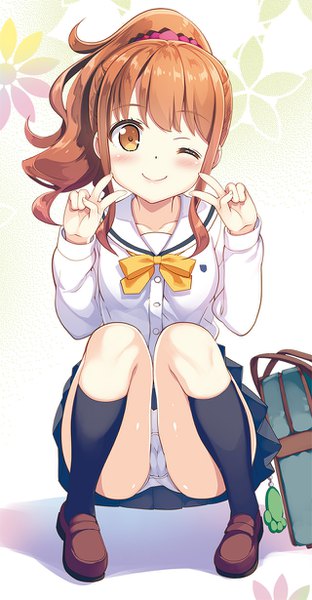 Anime picture 640x1230 with eromanga sensei a-1 pictures jinno megumi fujima takuya single long hair tall image looking at viewer blush light erotic smile brown hair brown eyes payot full body ponytail one eye closed wink pantyshot victory