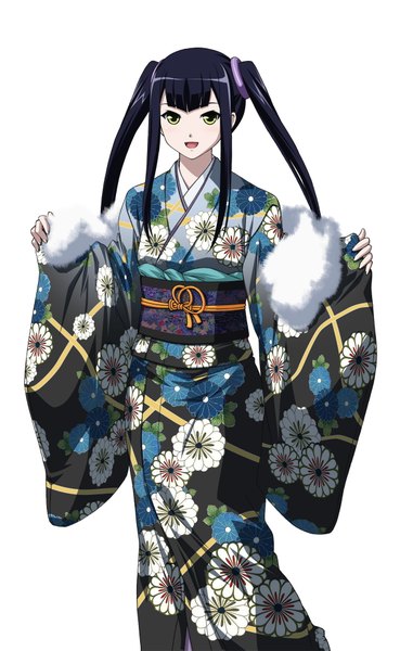 Anime picture 1200x1950 with ikkitousen saji genpou (true) single long hair tall image fringe black hair simple background smile standing white background twintails yellow eyes payot looking away traditional clothes japanese clothes official art fur trim floral print