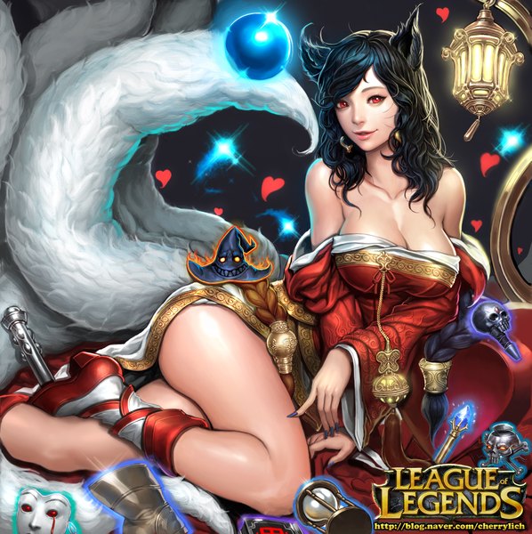 Anime picture 2339x2349 with league of legends ahri (league of legends) ake (cherrylich) single long hair tall image looking at viewer blush highres breasts open mouth light erotic black hair smile red eyes large breasts bare shoulders animal ears cleavage tail