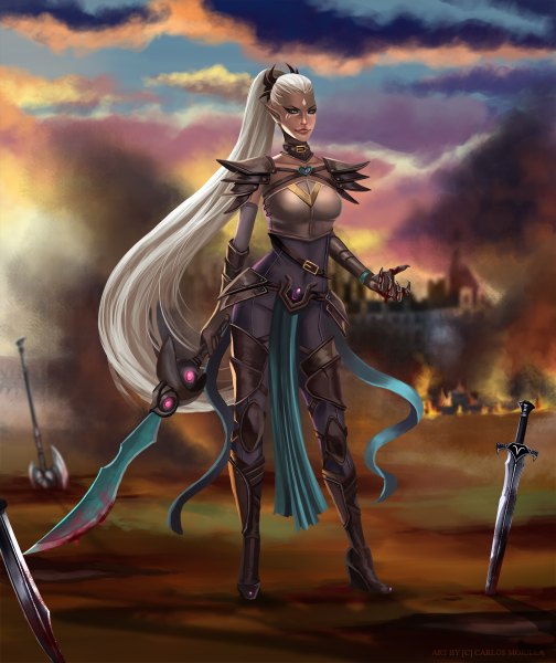 Anime picture 1008x1200 with original adalia (drewdiddy1996) cmorilla (artist) single tall image looking at viewer blue eyes sky cloud (clouds) white hair very long hair lips pointy ears borrowed character girl weapon sword armor