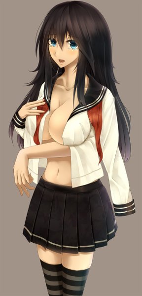 Anime picture 620x1292 with original karube karu single long hair tall image looking at viewer fringe breasts open mouth blue eyes light erotic black hair simple background large breasts standing open clothes open shirt zettai ryouiki tears hand on chest