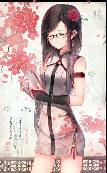 Anime picture 967x1567 with original hadean92 single long hair tall image black hair standing bare shoulders holding eyes closed hair flower shiny skin girl dress hair ornament flower (flowers) earrings petals glasses bracelet