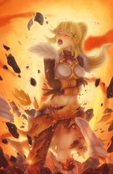 Anime picture 1186x1820 with kono subarashii sekai ni shukufuku wo! studio deen darkness (konosuba) skyde kei single tall image blush fringe breasts open mouth light erotic blonde hair large breasts standing signed payot bent knee (knees) ponytail eyes closed midriff