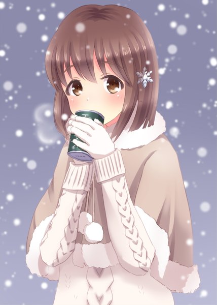 Anime picture 1000x1400 with idolmaster hagiwara yukiho mini39mame single tall image looking at viewer blush short hair brown hair brown eyes snowing winter steam girl hair ornament cape sweater snowflake (snowflakes) snowflake hair ornament
