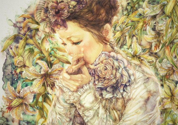 Anime picture 1273x900 with original yogisya brown hair long sleeves hair flower aqua eyes portrait face traditional media watercolor (medium) girl hair ornament flower (flowers) plant (plants) rose (roses) hands