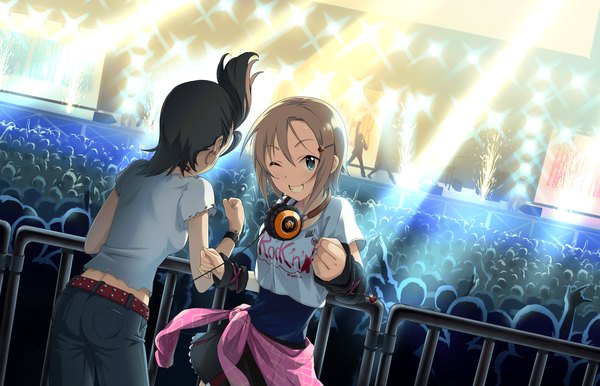 Anime picture 1280x824 with idolmaster idolmaster cinderella girls tada riina kimura natsuki short hair blue eyes smile brown hair multiple girls one eye closed wink official art teeth grin light group clothes writing headphones around neck fireworks concert