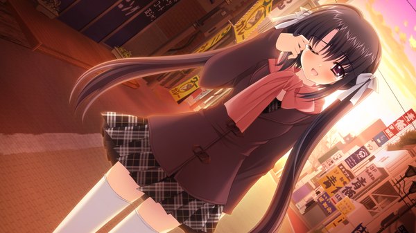 Anime picture 1280x720 with world wide love! (game) long hair black hair red eyes wide image twintails game cg tears girl thighhighs uniform school uniform white thighhighs