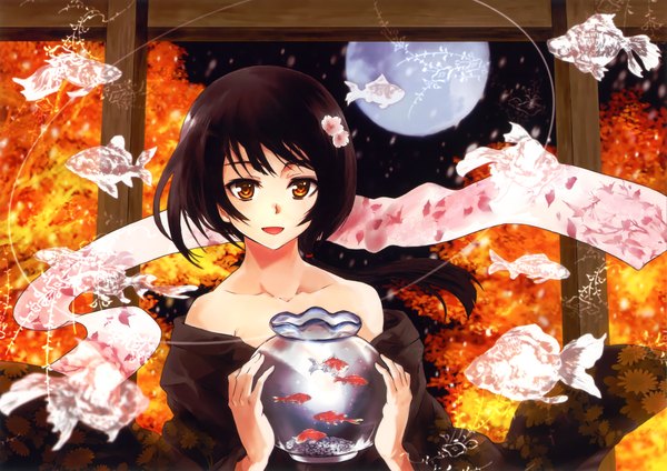 Anime picture 4601x3252 with original eshi 100-nin ten ueda yumehito long hair highres open mouth black hair bare shoulders absurdres traditional clothes japanese clothes hair flower orange eyes girl hair ornament plant (plants) tree (trees) kimono moon fish (fishes)