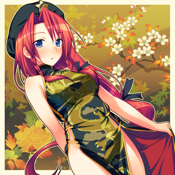 Anime picture 1600x1600 with touhou hong meiling yuuki keisuke single long hair blush blue eyes bare shoulders red hair chinese clothes girl animal bird (birds) beret chinese dress dragon