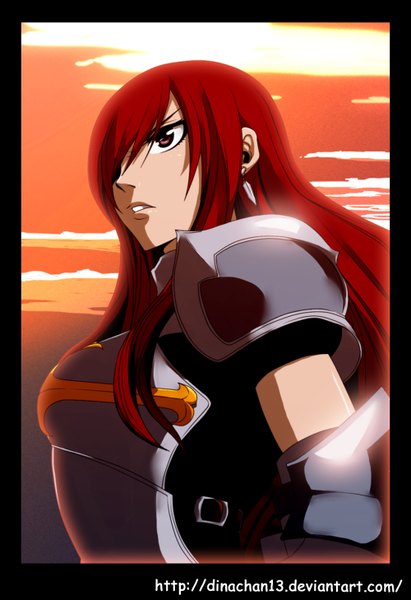 Anime picture 1000x1457 with fairy tail erza scarlet dinachan13 single long hair tall image fringe red eyes sky cloud (clouds) red hair sunlight hair over one eye coloring framed girl earrings armor