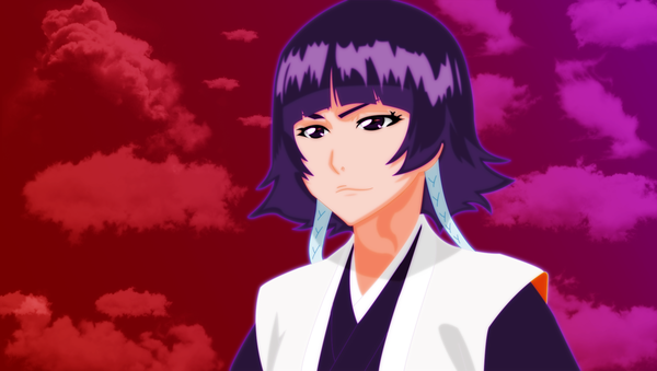 Anime picture 1767x1000 with bleach studio pierrot soifon marik248 single highres short hair smile wide image purple eyes sky purple hair cloud (clouds) japanese clothes coloring portrait face girl kimono