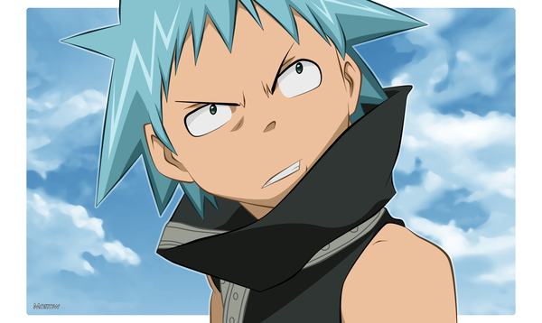Anime picture 2058x1228 with soul eater studio bones black star morrow single highres short hair wide image green eyes blue hair sky cloud (clouds) portrait face vector clenched teeth spiked hair boy