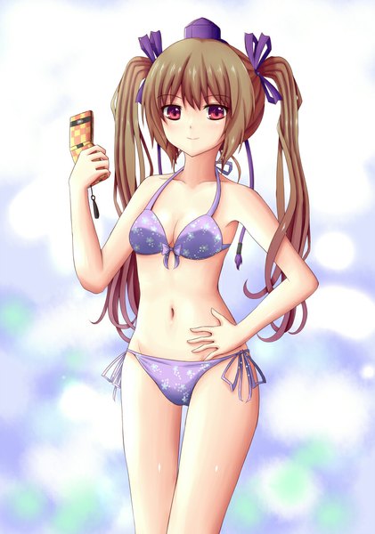 Anime picture 772x1100 with touhou himekaidou hatate suikakitsu shiro single tall image looking at viewer blush light erotic smile red eyes twintails bare shoulders bare belly midriff hand on hip underwear only halterneck girl navel hair ornament