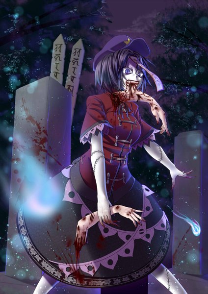 Anime picture 1000x1414 with touhou miyako yoshika pijirion single tall image short hair black hair purple eyes ghost zombie guro girl dress plant (plants) tree (trees) star (symbol) blood flat cap hands