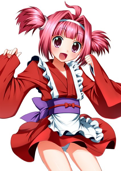 Anime picture 708x1000 with bucchake (asami) tall image looking at viewer blush short hair open mouth light erotic simple background white background twintails pink hair ahoge traditional clothes japanese clothes pink eyes pantyshot short twintails wa maid girl underwear
