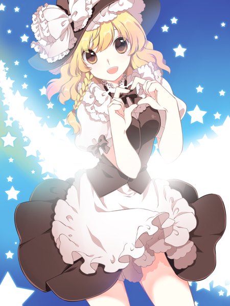 Anime picture 1350x1800 with touhou kirisame marisa roh nam kyung single tall image looking at viewer open mouth blonde hair yellow eyes braid (braids) heart hands girl skirt star (symbol) witch hat skirt set