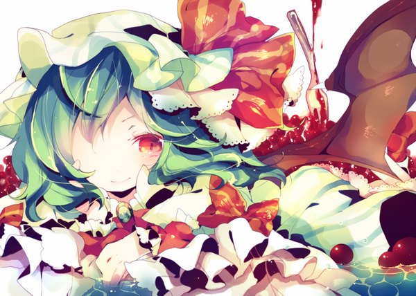 Anime picture 1812x1295 with touhou remilia scarlet ana (rznuscrf) single long hair blush highres smile red eyes lying green hair arm support on stomach bat wings girl wings food headdress bonnet berry (berries)