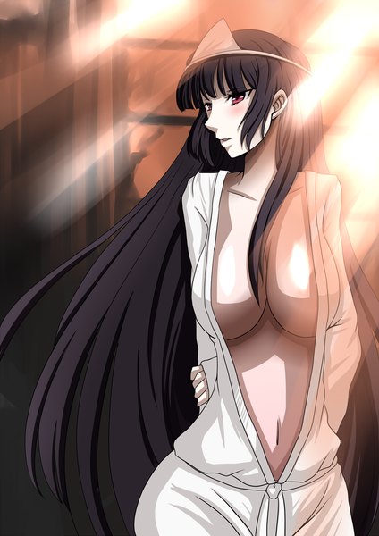 Anime picture 1400x1979 with tasogare otome x amnesia silver link kanoe yuuko niyang53 single long hair tall image blush breasts light erotic black hair red eyes large breasts japanese clothes girl navel kimono