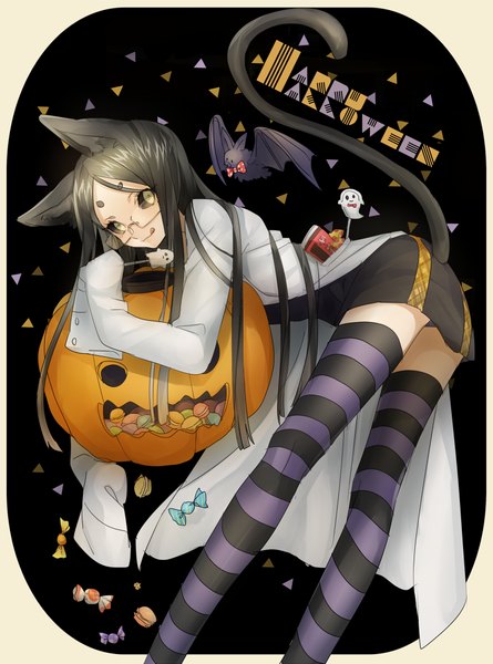 Anime picture 742x1000 with original asuda (artist) single long hair tall image looking at viewer light erotic black hair green eyes animal ears tail animal tail cat ears cat girl cat tail halloween happy halloween girl thighhighs animal