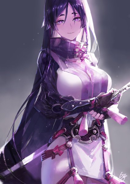 Anime picture 1000x1412 with fate (series) fate/grand order minamoto no raikou (fate) hg0524 single long hair tall image looking at viewer fringe breasts simple background smile hair between eyes large breasts standing purple eyes holding signed purple hair gradient background