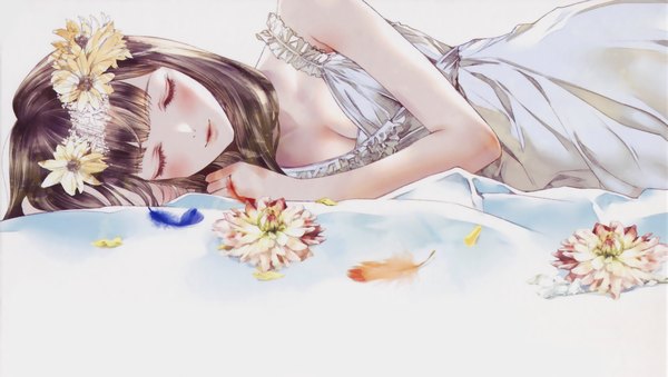 Anime picture 3350x1894 with original tagme (artist) single long hair blush fringe highres breasts brown hair wide image cleavage lying eyes closed hair flower light smile lips on side sleeping girl dress