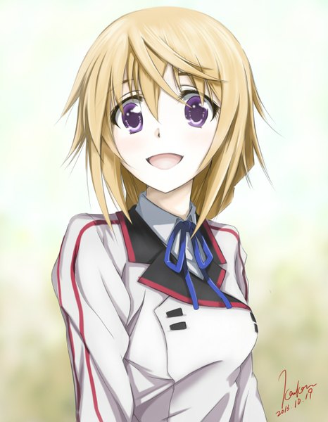 Anime picture 1152x1484 with infinite stratos 8bit charles dunois kem kem long hair tall image looking at viewer open mouth blonde hair purple eyes signed upper body girl uniform school uniform