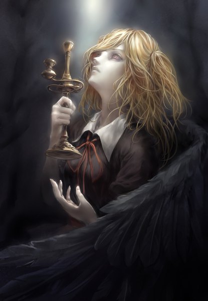 Anime picture 1200x1734 with castlevania: lament of innocence original grape.mk-233 single long hair tall image blonde hair holding pink eyes dark background looking up black wings girl ribbon (ribbons) wings
