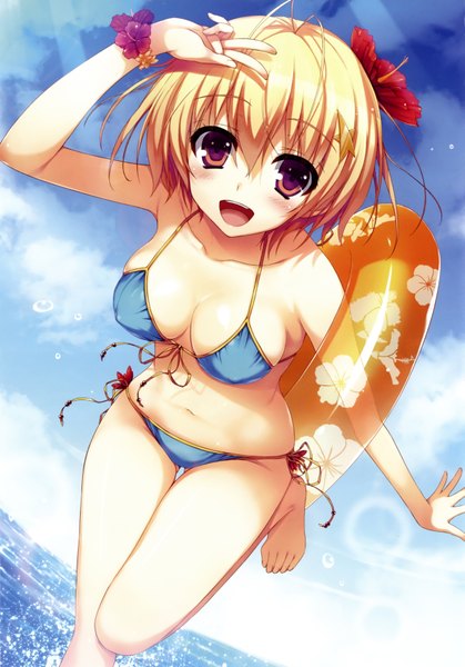 Anime picture 4970x7116 with reminiscence nozomi (reminiscence) tomose shunsaku single tall image blush highres short hair breasts open mouth light erotic blonde hair red eyes absurdres cloud (clouds) hair flower girl navel hair ornament flower (flowers)