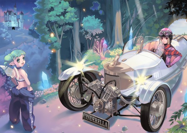 Anime picture 1300x924 with original 1000marie short hair blonde hair multiple girls green eyes looking back green hair pointy ears light driving girl 2 girls plant (plants) wings tree (trees) ground vehicle helmet car castle