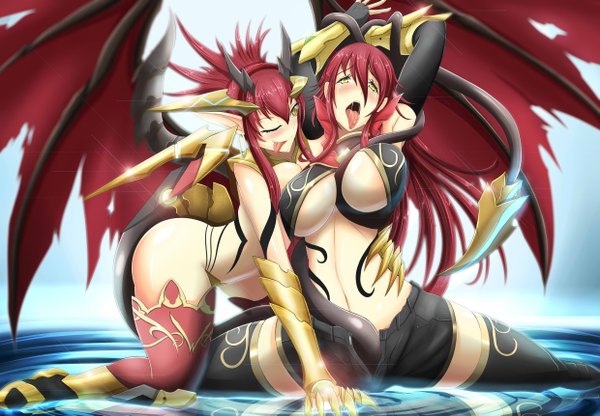 Anime picture 4960x3444 with original torahime (roland00) blush highres breasts open mouth light erotic large breasts multiple girls yellow eyes absurdres tail one eye closed horn (horns) wink saliva yuri girl 2 girls wings