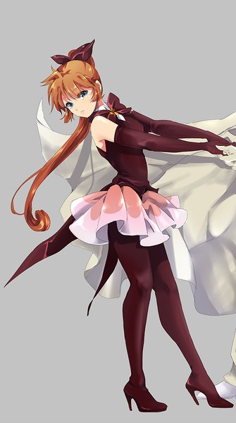 Anime picture 530x948 with kaitou saint tail haneoka meimi saint tail rakeng single long hair tall image fringe blue eyes simple background standing bare shoulders ponytail orange hair grey background high heels girl gloves bow red gloves