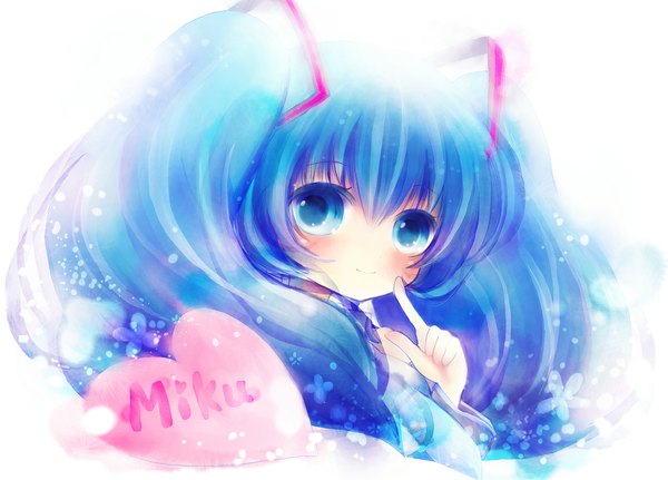 Anime picture 1156x832 with vocaloid hatsune miku eriko (chika) single looking at viewer blush simple background smile white background twintails blue hair aqua eyes light smile finger to mouth girl heart