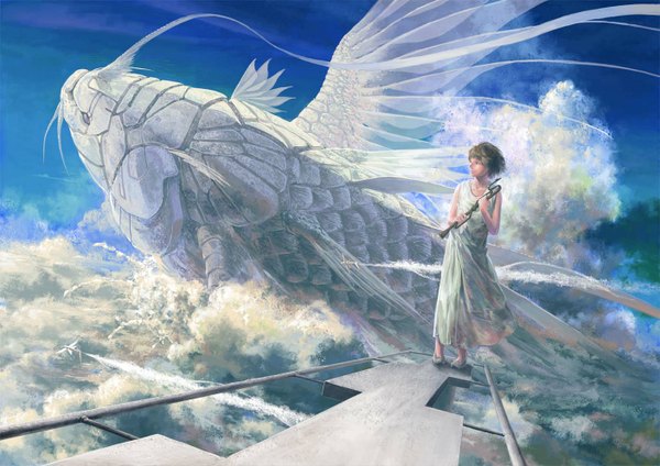 Anime picture 1406x994 with original nurikabe single short hair brown hair brown eyes cloud (clouds) flying girl dress fish (fishes)