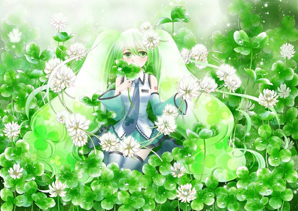 Anime picture 1000x707 with vocaloid hatsune miku mamiya (cool-ribon) single long hair twintails bare shoulders green eyes green hair girl thighhighs flower (flowers) black thighhighs detached sleeves necktie clover (plant)