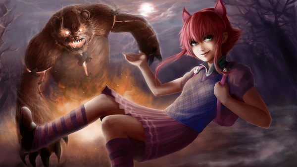 Anime picture 1920x1080 with league of legends annie (league of legends) tibbers (league of legends) sliverel (artist) single highres short hair wide image green eyes animal ears looking away cloud (clouds) red hair light smile jumping girl skirt plant (plants) animal tree (trees)