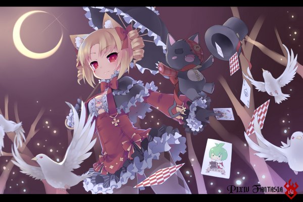 Anime picture 1200x800 with original pixiv fantasia pixiv fantasia new world vivi (saru) pomo (lino-lin) saru (longbb) single short hair blonde hair red eyes animal ears cat ears loli drill hair girl dress bow hat animal frills