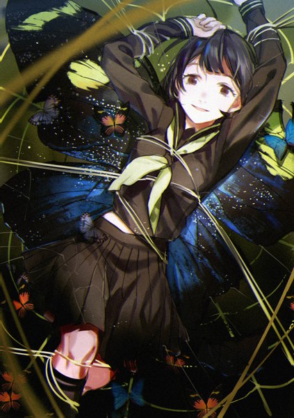 Anime picture 1200x1703 with original rosele single tall image looking at viewer fringe short hair black hair smile brown eyes parted lips arms up dutch angle bondage insect wings butterfly wings insect girl girl uniform wings