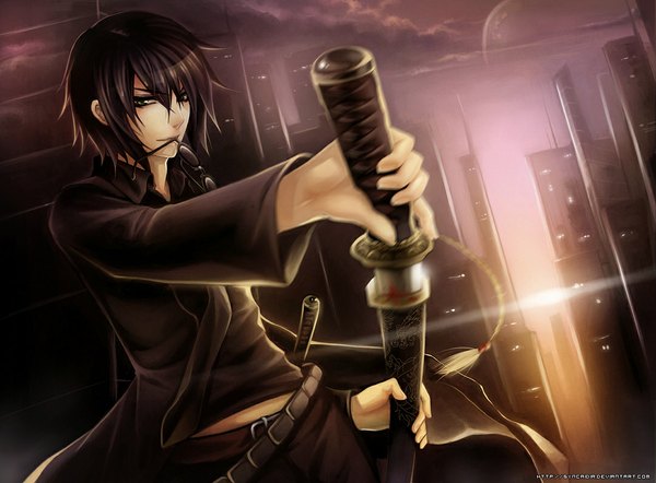 Anime-Bild 1081x798 mit original lenn shimura synpai single looking at viewer short hair black hair holding green eyes sky cloud (clouds) outdoors mouth hold evening sunset unsheathing sunglasses removed boy weapon sword