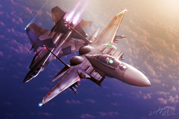 Anime picture 1200x800 with original zephyr164 signed sky cloud (clouds) flying landscape pilot weapon airplane jet f-15