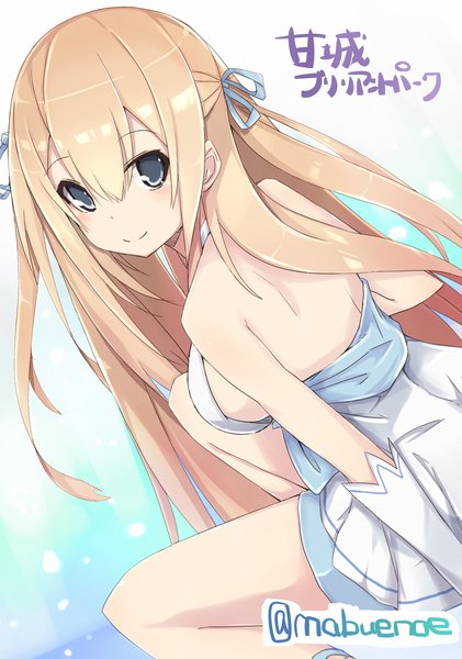 Anime picture 1000x1426 with amagi brilliant park kyoto animation sylphy (amaburi) kurebayashi noe single long hair tall image looking at viewer fringe breasts simple background blonde hair large breasts signed bent knee (knees) looking back light smile inscription grey eyes two side up