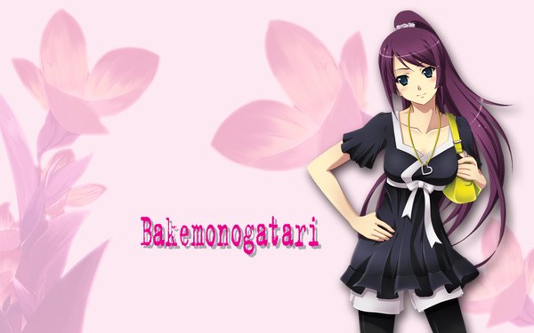 Anime picture 1680x1050 with bakemonogatari shaft (studio) monogatari (series) senjougahara hitagi single long hair blue eyes wide image purple hair ponytail girl