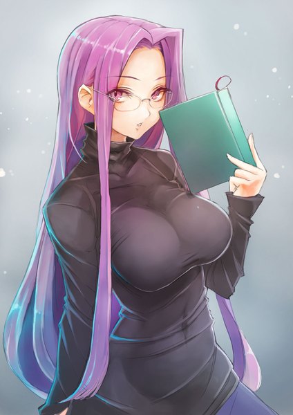 Anime picture 1131x1600 with fate (series) fate/stay night type-moon rider taishi (picchiridou) single long hair tall image looking at viewer breasts open mouth simple background large breasts holding purple hair pink eyes grey background snowing girl dress