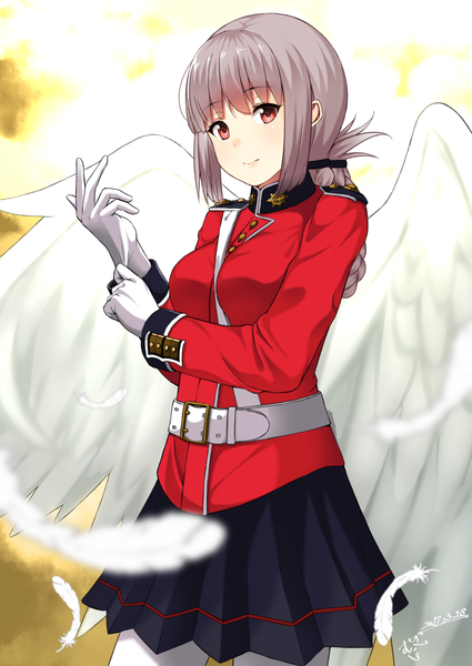 Anime picture 700x988 with fate (series) fate/grand order florence nightingale (fate) mugipot single long hair tall image fringe red eyes payot braid (braids) grey hair dated angel wings hair rings adjusting clothes adjusting gloves girl gloves uniform