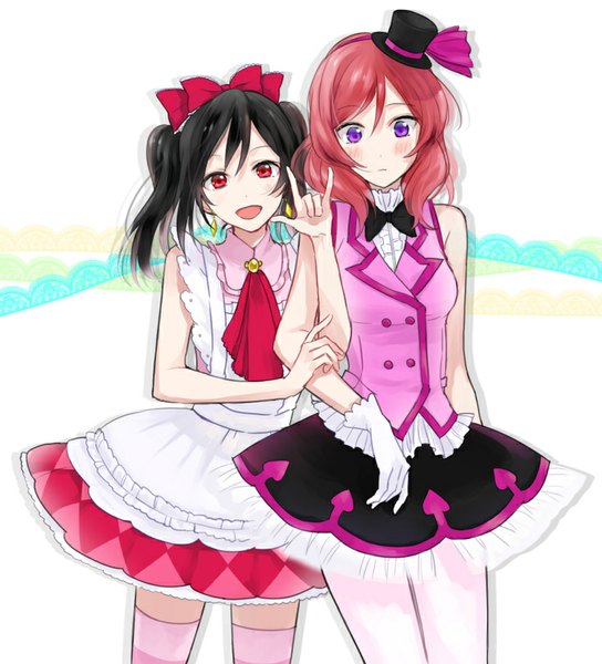 Anime picture 737x812 with love live! school idol project sunrise (studio) love live! nishikino maki yazawa nico urahara long hair tall image looking at viewer blush open mouth black hair red eyes purple eyes twintails bare shoulders multiple girls red hair looking down mmm